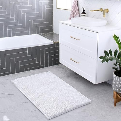 FRESHMINT Chenille Bathroom Rugs Mat 24"x17", Non-Slip Bath Mat for Bathroom Floor, Washable Soft Thick Water Absorbent Microfiber Shower Mat, White