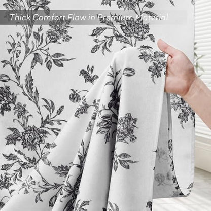 Black and White Floral Shower Curtain,Vintage Cotton Cottagecore Gray Shower Curtains for Bathroom, 72" W x 72" L