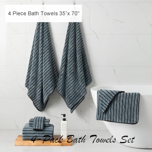 4 Piece Grayish Blue Cabana Stripe Large Bath Towels Oversized Bath Sheet Super Soft Breathable Jumbo Bathroom Towels Highly Absorbent Shower Towel Quick Dry Beach Chair Towel Spa Gym Hotel Towel Set