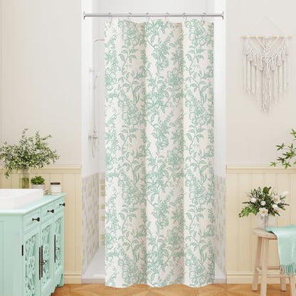 Teal Boho Linen Fabric Shower Curtain , Farmhouse Floral For Bathroom