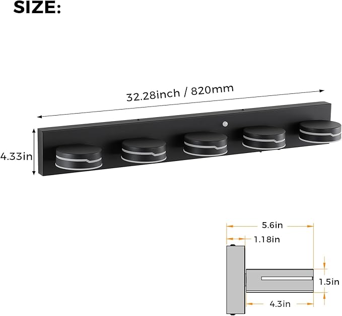 32" Motion Sensor Vanity Light, Matte Black 3CCT 5-Light Modern LED Bathroom Lighting Fixtures Over Mirror, Rotatable Head, Dimmable 3000K-6000K Color Changing Wall Sconce