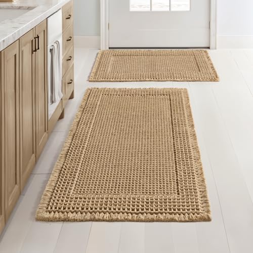 MIULEE Set of 2 Waffle Bathroom Rugs Bordered Mat Brown 17"x24"+18"x30"
