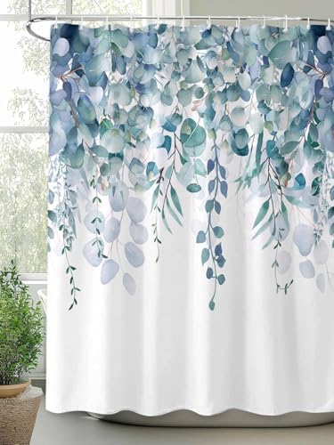Shower Curtain Bathroom Set Country Eucalyptus Leaves Waterproof Shower Curtains with Grommets Hooks Watercolor Teal Green Leaf Privacy Bath Curtain for Bathtub Decor 72x72in