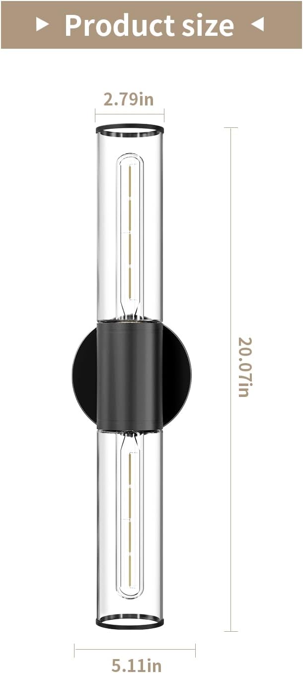 Bathroom Vanity Light Fixture, 2-Light Black Wall Sconce Lighting Fixture with Clear Glass, Indoor E26 Socket Wall Lamp for Mirror Living Room Hallway, 2 Pack