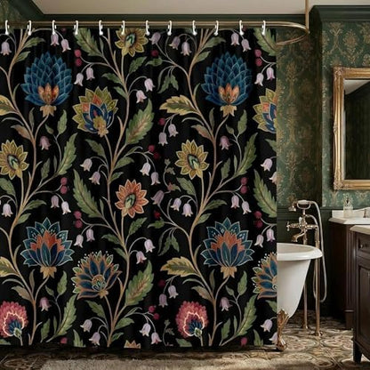 Vintage Floral Shower Curtain for Bathroom, Rustic Farmhouse Black and Teal Sage Green Boho Botanical Shower Curtains, Retro Cottagecore Wildflower Aesthetic Bath Curtain Set with Hooks， 72 x 78 Inch