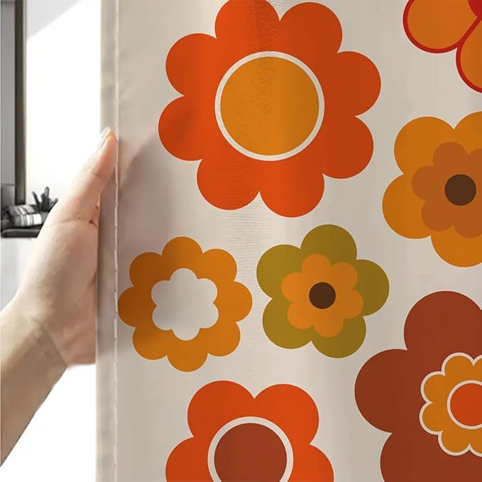 Retro Flowers Camper RV Shower Curtain for Travel Trailer Bathroom, Groovy 70s Funky Boho Camping Small Shorter Fabric Shower Curtains Set, Happy Camp Outdoor Decor Accessories with Hooks 47X64 inch