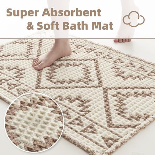 PADOOR-Waffle Bath Mat 24"x36"-Super Absorbent Bath Mats for Bathroom, Machine Washable Non Slip Bathroom Rug with Tassels, Soft Bathroom Mat for Laundry Room, Bedroom, Cream & Brown, 2'x 3'