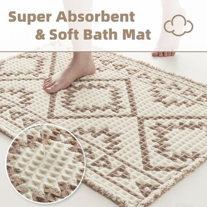 PADOOR-Waffle Bath Mat-Super Absorbent Bath Mats for Bathroom, Machine Washable Non Slip Bathroom Rug with Tassels, Soft Bathroom Mat for Laundry Room, Bedroom,Cream & Brown 17"x28"