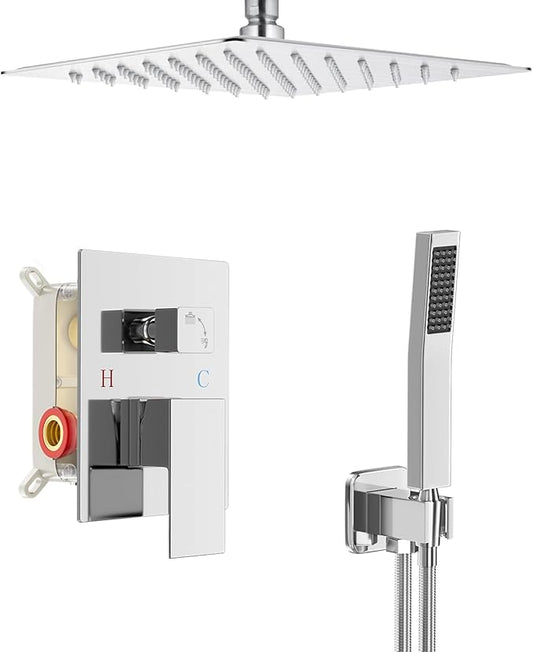 Ceiling Mount Shower Faucet Set, Rain Shower System, 10 inch Ceiling Shower Faucet with Handheld Shower Head, With Shower Valve and Trim Kit Polished Chrome