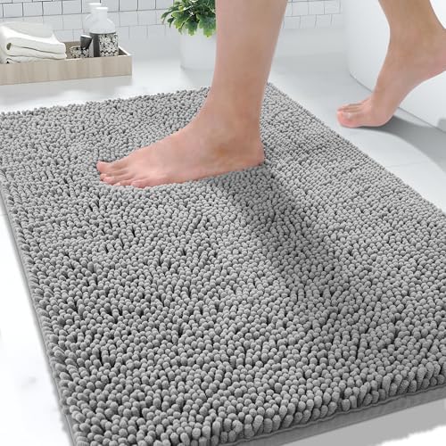 Yimobra Washable Bathroom Rugs, Super Soft & Absorbent Chenille Bath Mat for Floor & Carpet, Quick Dry Non Slip Bath Mat for Tub Shower, 24" x 17",Gray