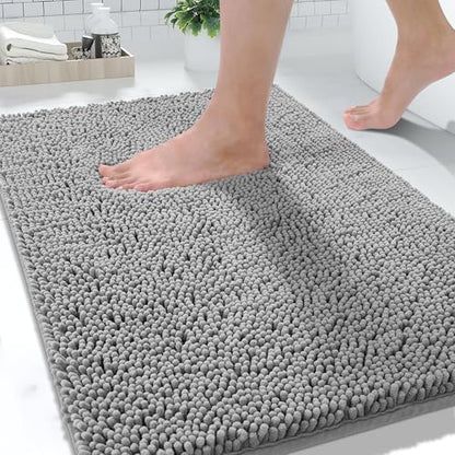 Yimobra Washable Bathroom Rugs, Super Soft & Absorbent Chenille Bath Mat for Floor & Carpet, Quick Dry Non Slip Bath Mat for Tub Shower, 24" x 17",Gray