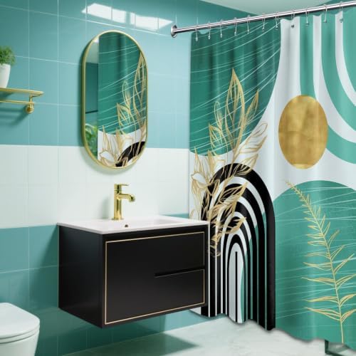 Teal and Gold Extra Long Shower Curtain, Tall 72X84 in, Mid Century