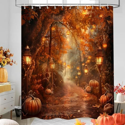 Fall Pumpkins Shower Curtain，Autumn Thanksgiving Harvest Halloween Forest Rural Trail Bathroom Decor，72 x 72 Inch Polyester Fabric Waterproof Bathroom Curtain with 12 Hooks