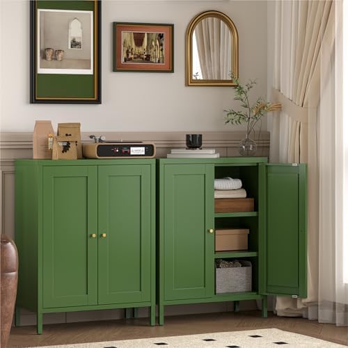 YAUWOH Small Metal Cabinet, Storage Cabinet with 2 Adjustable Shelves and 2 Doors,Freestanding Sideboard for Small Spaces, Living Room, Home Office, Dining Room(1PC,Forest Green)