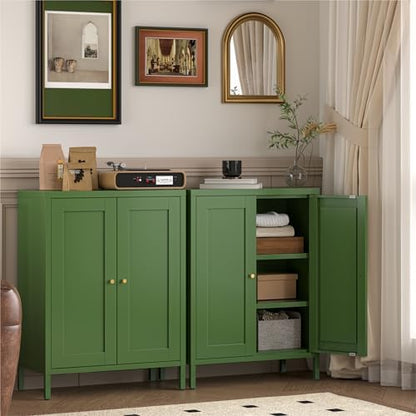 YAUWOH Small Metal Cabinet, Storage Cabinet with 2 Adjustable Shelves and 2 Doors,Freestanding Sideboard for Small Spaces, Living Room, Home Office, Dining Room(1PC,Forest Green)