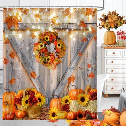 Fall Shower Curtain, Rustic Autumn Pumpkins Wood Barn Door Sunflowers Thanksgiving Harvest Farmhouse Bathroom Decor, Waterproof Cloth Fabric Bath Curtain with Hooks 72 x 72 inch