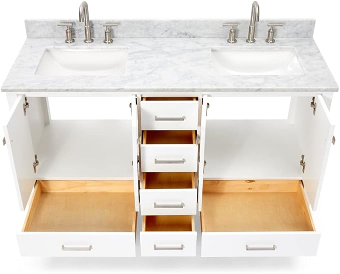 ARIEL Cambridge 60-inch Bathroom Vanity with Sink,Solid Wood, 0.75-inch Italian Carrara Marble Countertop, Double Rectangular Porcelain Sink, 4 Soft Closing Doors, 6 Dovetail Drawers, White