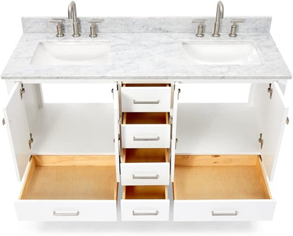 ARIEL Cambridge 60-inch Bathroom Vanity with Sink,Solid Wood, 0.75-inch Italian Carrara Marble Countertop, Double Rectangular Porcelain Sink, 4 Soft Closing Doors, 6 Dovetail Drawers, White