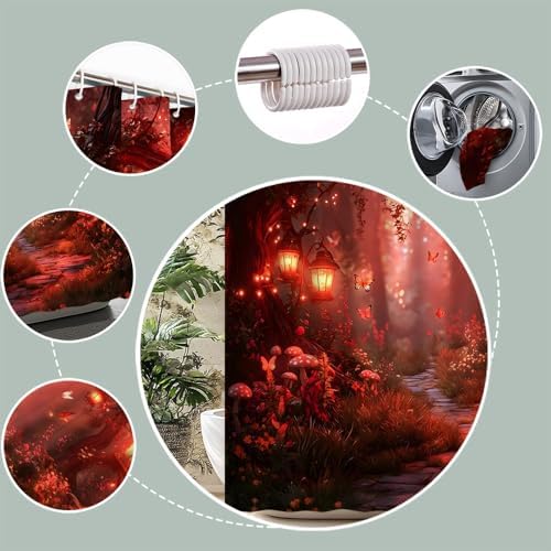 Fantasy Forest Path Shower Curtain Red Fairy Magical Enchanted Misty Jungle Mushroom Floral Tree Butterfly Lantern Wonderland Bath Curtain Fabric Bathroom Accessories Decor with Hooks 70W x90L