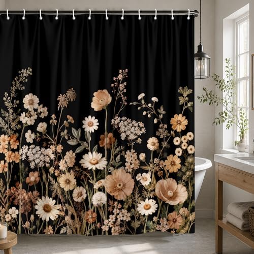 Black Floral Shower Curtain Set with Hooks 72X72, Rustic Wildflower Botanical Daisy Fabric Bath Curtain, Dark Vintage Farmhouse Boho Bathroom Decor, Waterproof Polyester Shower Curtains