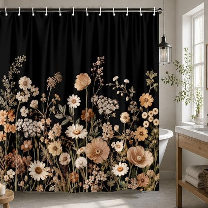 Black Floral Shower Curtain Set with Hooks 72X72, Rustic Wildflower Botanical Daisy Fabric Bath Curtain, Dark Vintage Farmhouse Boho Bathroom Decor, Waterproof Polyester Shower Curtains