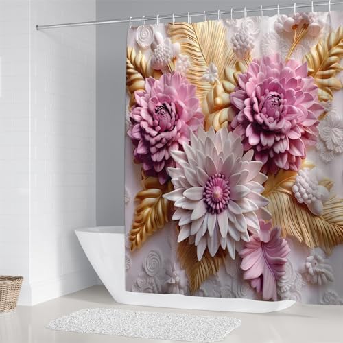 Chrainy 4pcs Pink Flowers Shower Cutain Bathroom Decor Sets with Rugs