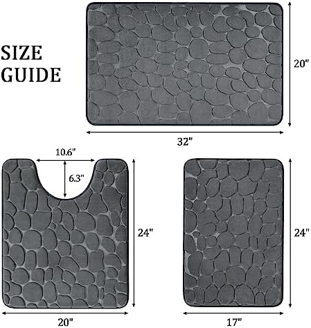 YIHOUSE Bathroom Rugs Mat Set, Memory Foam Bath Mat 3 Piece Dark Grey
