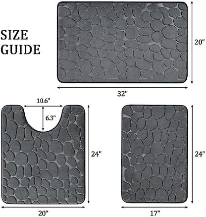 YIHOUSE Bathroom Rugs Mat Set, Memory Foam Bath Mat 3 Piece Dark Grey