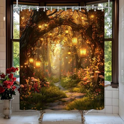 Fantasy Forest Path Shower Curtain Fall Fairy Magical Enchanted Misty Jungle Mushroom Floral Tree Butterfly Lantern Wonderland Bath Curtain Fabric Bathroom Accessories Decor with Hooks 70W x80L