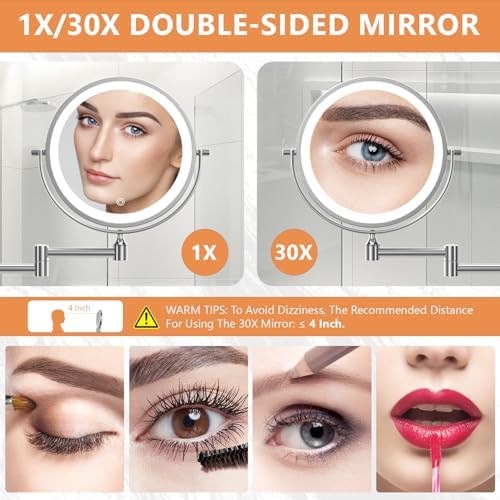 Auxmir 1X/30X Wall Mounted Makeup Mirror, 8" Rechargeable Magnifying Mirror