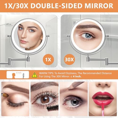 Auxmir 1X/30X Wall Mounted Makeup Mirror, 8" Rechargeable Magnifying Mirror