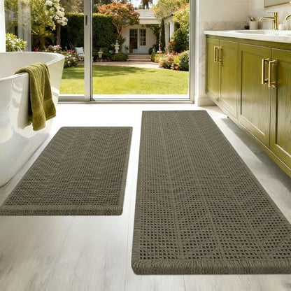 Upgraded Waffle Bath Mat Set 2 Piece Greyish Green-Herringbone, Super Absorbent Non-Slip Quick Dry Bathroom Rugs with Tassels,Machine Washable Ultra Soft Boho Bath Rugs, Bath Mats Boho Farmhouse Decor