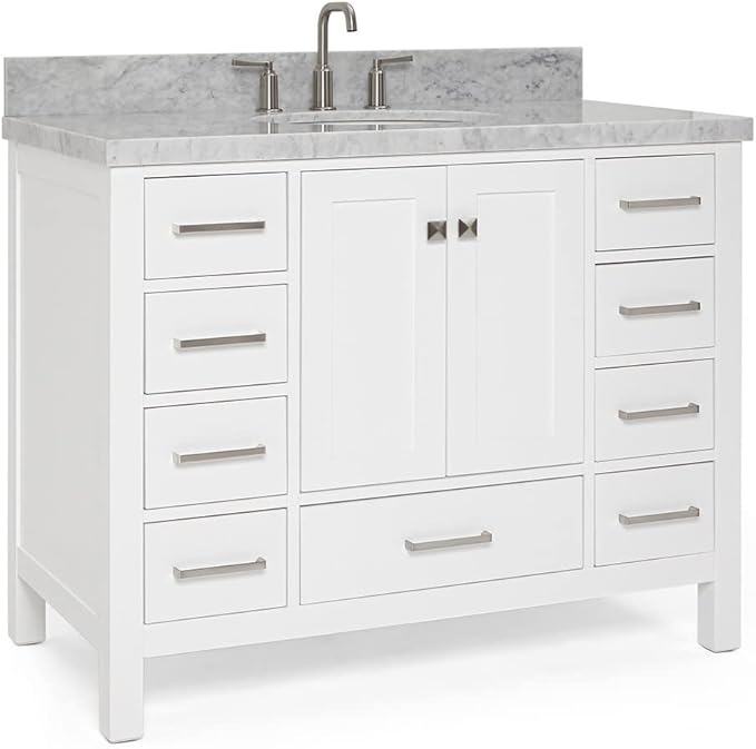 ARIEL Cambridge 42-inch Bathroom Vanity with Sink,Solid Wood, 1.5-inch Italian Carrara Marble Countertop & Backsplash, Single Oval Porcelain Sink, 2 Soft Closing Doors, 9 Dovetail Drawers, White
