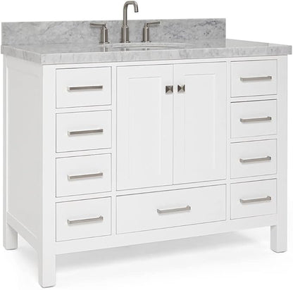 ARIEL Cambridge 42-inch Bathroom Vanity with Sink,Solid Wood, 1.5-inch Italian Carrara Marble Countertop & Backsplash, Single Oval Porcelain Sink, 2 Soft Closing Doors, 9 Dovetail Drawers, White