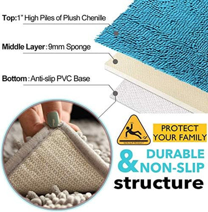 Bathroom Rugs Bath Mats for Batroom Chenillen Bath Rug Set 3 Piece Non-Slip Bath Mats, Absorbent Shaggy Rugs, Machine Wash, Perfect Plush Bathroom Mats, Bathroom Carpets Set Teal Blue