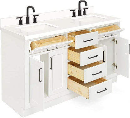 DKB Isabella 60" White Double Bathroom Vanity with Sink, 1.5" Edge Pure White Quartz Countertop, Rectangular Sinks, 4 Soft Closing Doors, 4 Full Extension Dovetail Drawers