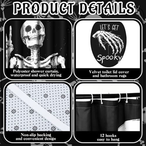 Honoson 8 Pcs Halloween Skeleton Bathroom Shower Curtain Set with Rugs, Skull Bath Decor with Non-Slip Floor Mat, Toilet Lid Cover, Ghost Bat Towels, Spooky Black White Bathroom Decor for Home