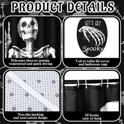Honoson 8 Pcs Halloween Skeleton Bathroom Shower Curtain Set with Rugs, Skull Bath Decor with Non-Slip Floor Mat, Toilet Lid Cover, Ghost Bat Towels, Spooky Black White Bathroom Decor for Home