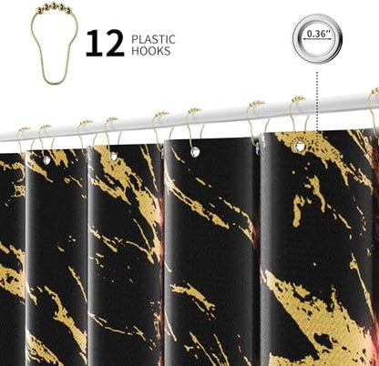 Black and Gold Shower Curtain Set with Gold Hooks, Black Marble Shower Curtain for Bathroom, Modern Luxury Fabric Bath Curtain, Waterproof Washable Polyester Bathroom Decor, 72 x 72 Inches