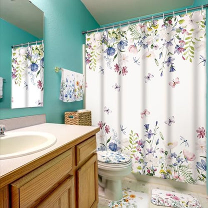 Honoson 8 Pcs Floral Shower Curtain Set with Rugs and Towels