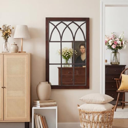 Rustic Window Mirror for Wall Decor, Wooden Frame Decorative Wall Mirror