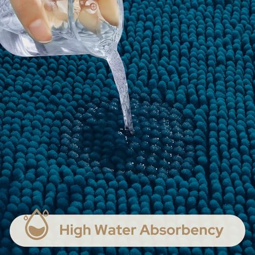 HOMEIDEAS Atlantic Blue Chenille Bath Rugs Set of 3, Non Slip Bath Mat