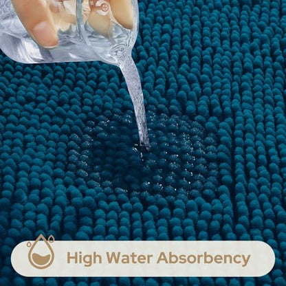 HOMEIDEAS Atlantic Blue Chenille Bath Rugs Set of 3, Non Slip Bath Mat