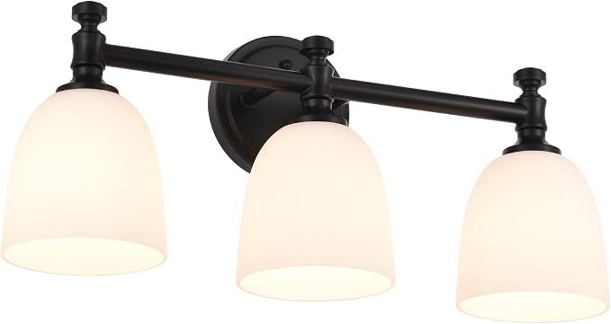Black Bathroom Vanity Light, 3-Light Bathroom Light Fixtures Over Mirror, Traditional Vanity Lights for Living Room, Milk White Bell Glass Shades, Standard E26 Base, Matte Black