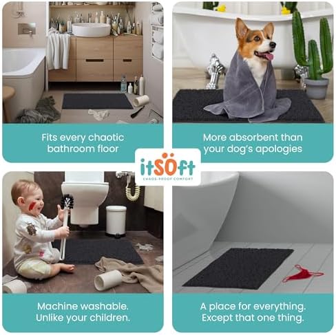 ITSOFT Large Plush Bathroom Rug 47"x21", Absorbent Machine Washable Non Slip Chenille Bath Mats, Quick Dry Bathmat, Bath Rugs for Bath, Shower, Bedroom, Door Mat, Black