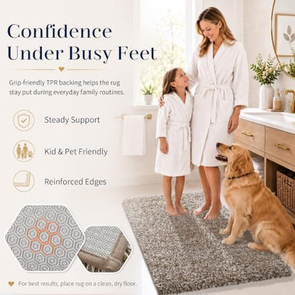 Yimobra Luxury Bathroom Rugs, Fluffy Bath Mats, Non Slip, Water Absorbent Microfiber, Machine Washable, Plush Runner Shower Rugs, Thick Matts for Bathroom Floor&Tub, 47" X 24", Light Brown and White