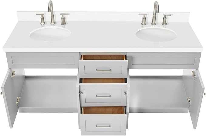ARIEL Hamlet 72-inch Bathroom Vanity with Sink,Solid Wood, 1.5-inch Pure White Quartz Countertop & Backsplash, Double Oval Porcelain Sink, 4 Soft Closing Doors, 3 Dovetail Drawers, Grey