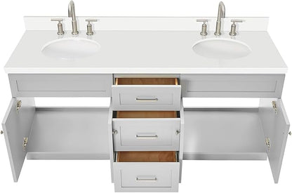 ARIEL Hamlet 72-inch Bathroom Vanity with Sink,Solid Wood, 1.5-inch Pure White Quartz Countertop & Backsplash, Double Oval Porcelain Sink, 4 Soft Closing Doors, 3 Dovetail Drawers, Grey