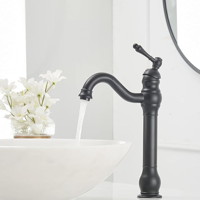 Bathroom Vessel Sink Faucet Waterfall Single Handle Single Hole | Matte Black,360° Swivel Deck Mount Lavatory,Pop Up Drain Without Overflow,Easy to Clean,Stable Installation,Minimalist Design