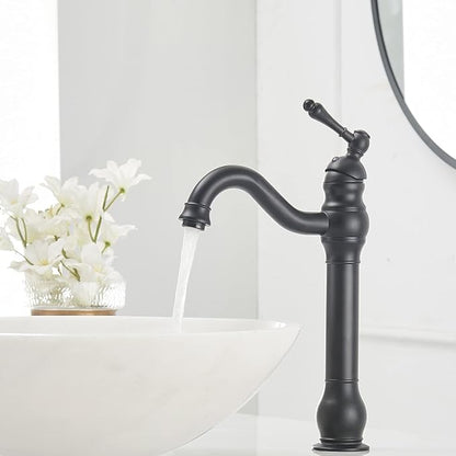 Bathroom Vessel Sink Faucet Waterfall Single Handle Single Hole | Matte Black,360° Swivel Deck Mount Lavatory,Pop Up Drain Without Overflow,Easy to Clean,Stable Installation,Minimalist Design